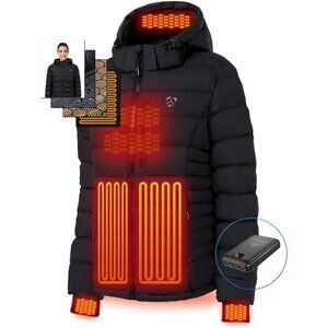 Women's Heated Puffer Jacket With 12V Battery Pack-Insulated Water-Resistant Hoo